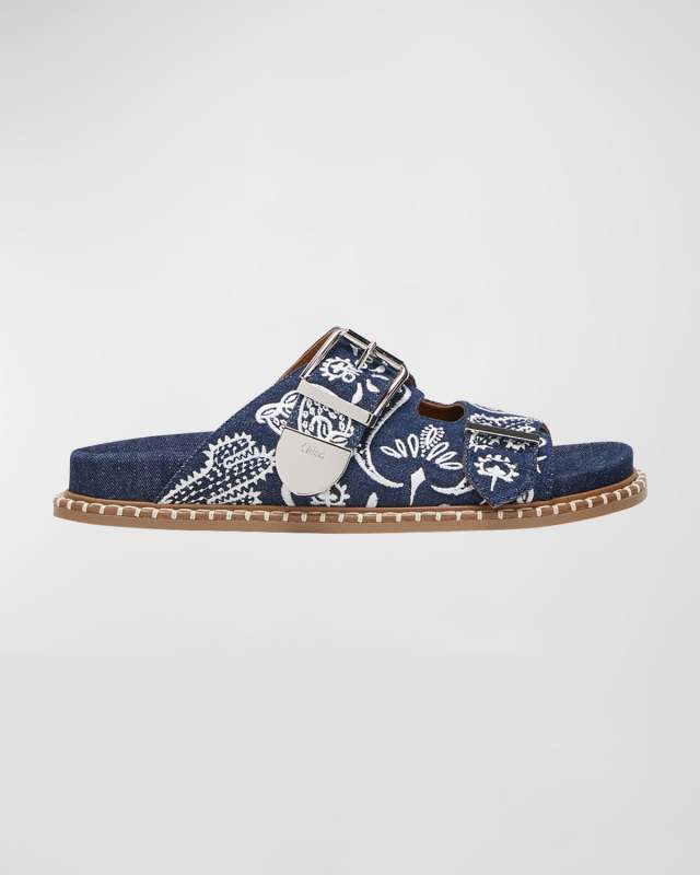 Rebecca Embroidered Denim Buckle Slide Sandals